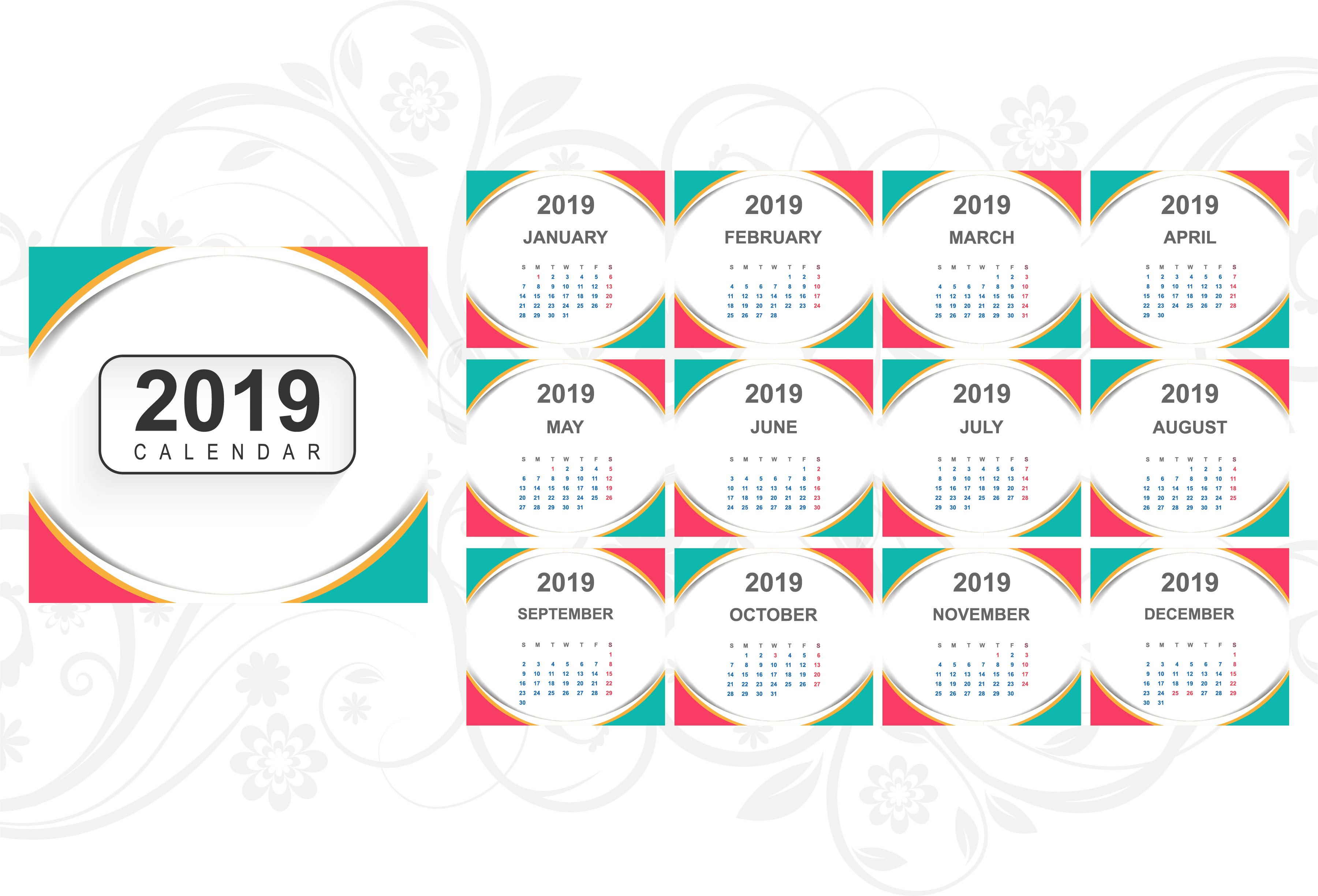 Calendar 2019 Template with wave background 249804 Vector Art at Vecteezy