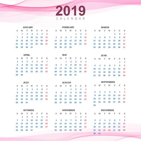 Plantilla calendario 2019 con fondo de onda vector