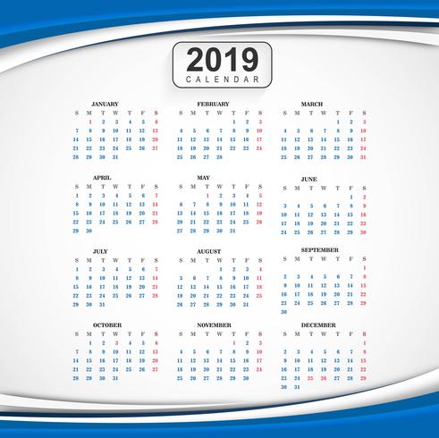 Plantilla calendario 2019 con fondo de onda vector