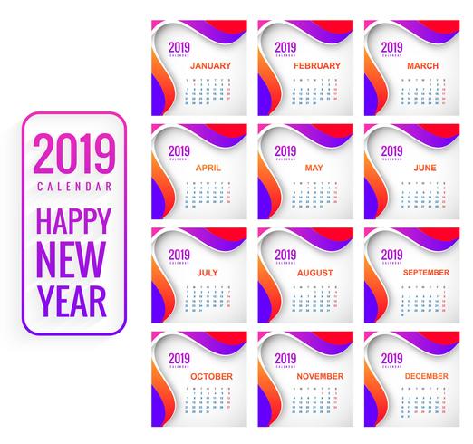 Calendar 2019 Template with wave background vector