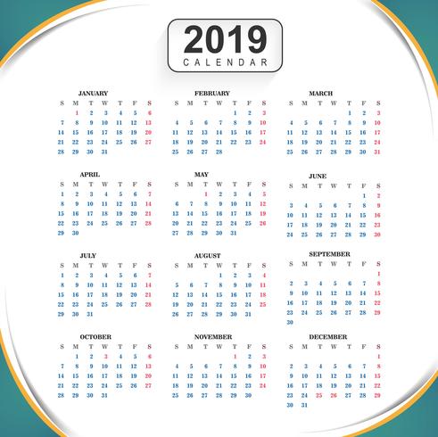 Calendar 2019 Template with wave background vector