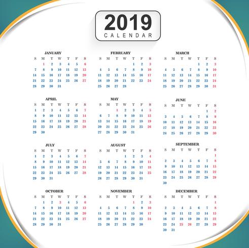 Plantilla calendario 2019 con fondo de onda vector