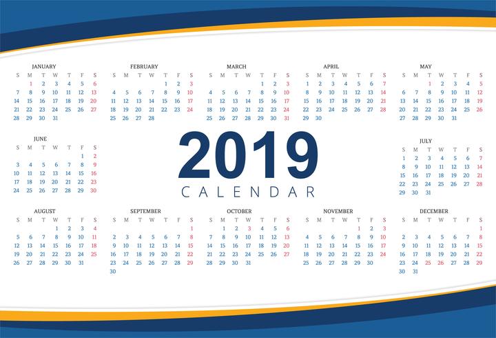 Plantilla calendario 2019 con fondo de onda vector