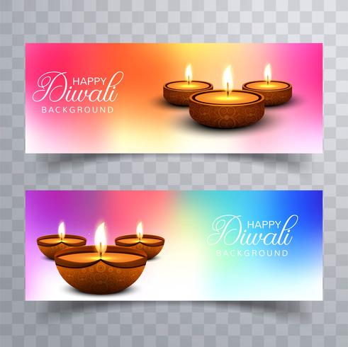 Feliz diwali diya aceite lámpara festival cabeceras set diseño vector