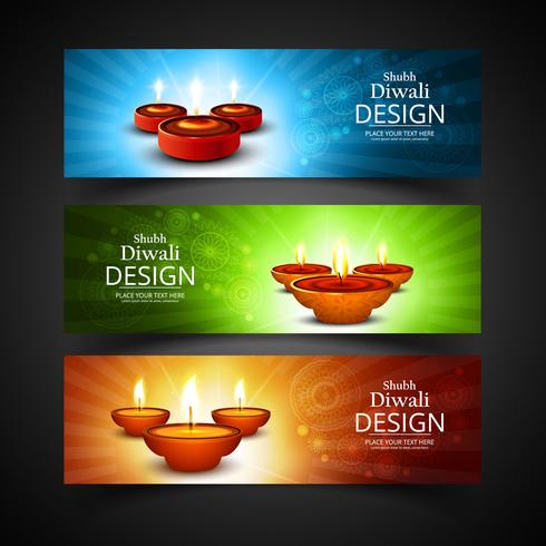 Feliz diwali diya aceite lámpara festival encabezado set plantilla diseño vector