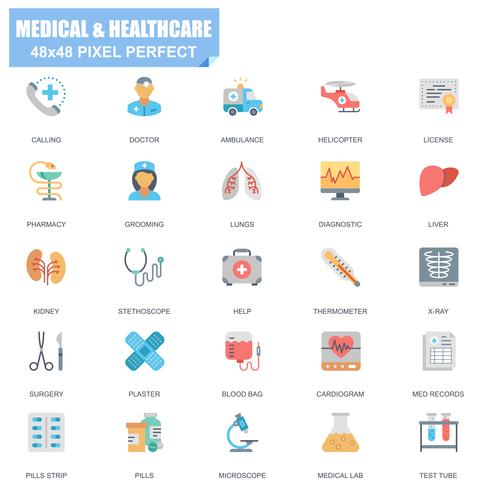 Sencillo conjunto de iconos planos vectoriales relacionados con la salud y la salud vector