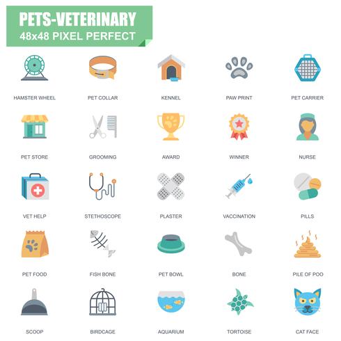 Simple conjunto de mascotas y veterinaria relacionados con iconos planos vectoriales vector