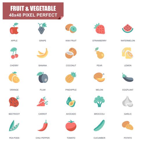 Simple Set of Fruit and Vegetable Related Vector Flat Icons