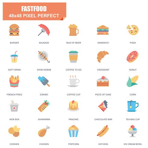 Conjunto simple de iconos planos relacionados con Fastfood Vector