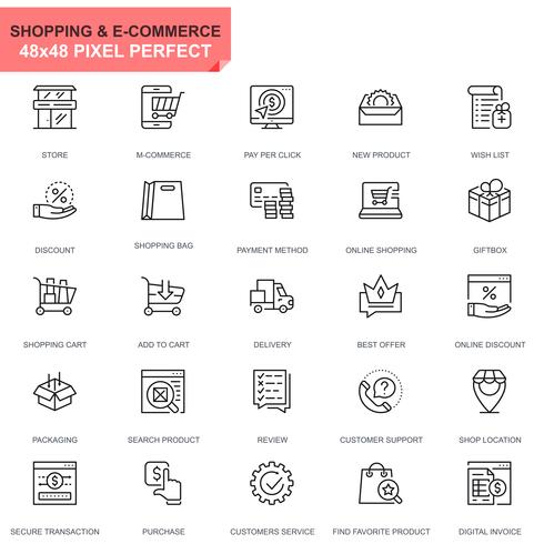 Conjunto sencillo de iconos de líneas de comercio electrónico y compras para sitios web y aplicaciones móviles vector