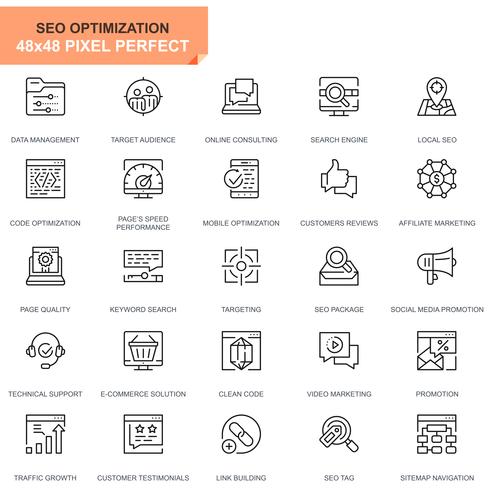 Conjunto simple de iconos de líneas de optimización web y SEO para sitios web y aplicaciones móviles vector