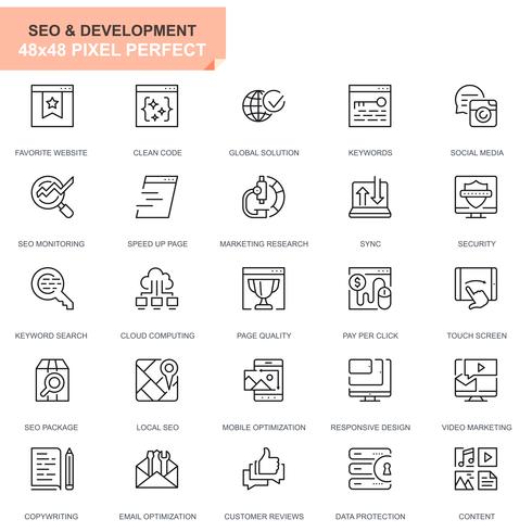 Simple Set Seo y los iconos de la línea de desarrollo para aplicaciones web y móviles vector