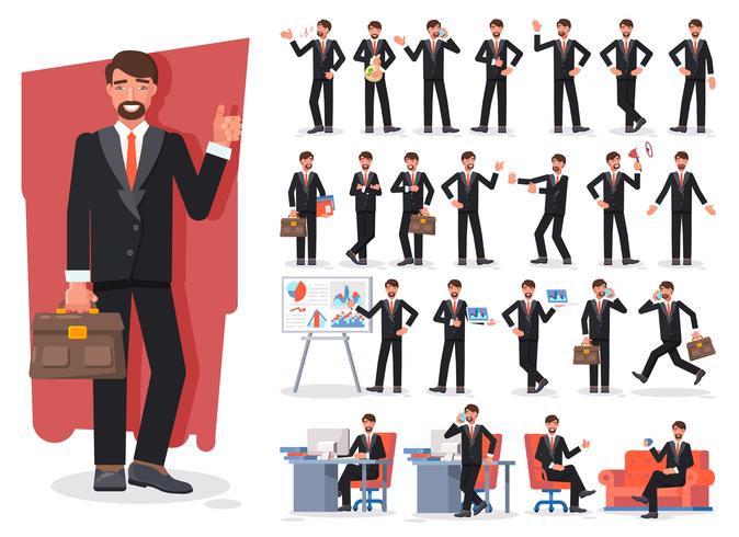 Businessman character creation set. Showing different gestures character vector design.