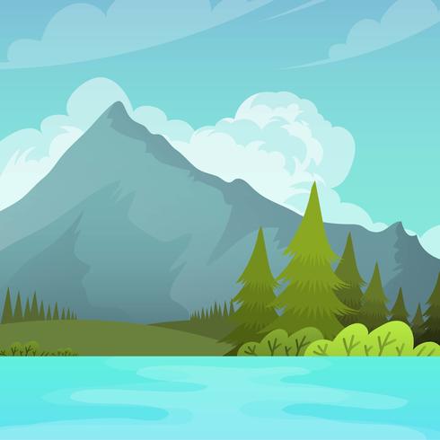 Paisaje de montaña plana con lago Vector fondo ilustración