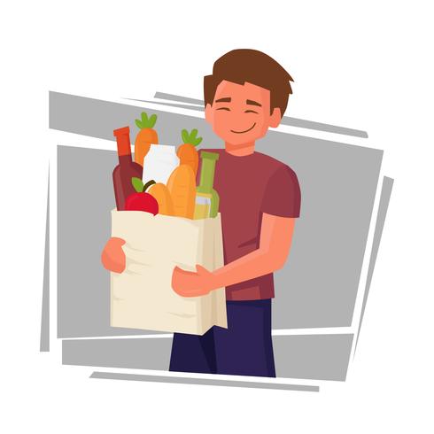 Joven sosteniendo la bolsa de compras llena de productos comestibles Ilustración vectorial vector