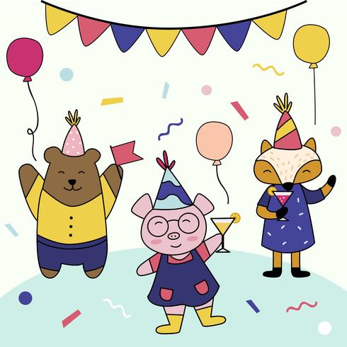 Birthday Party With Animal Character Vector