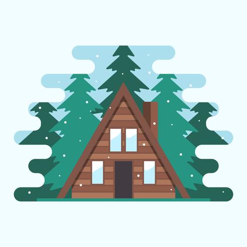 Modern Wooden Cabin In A Middle Of Forest Trees Vector Illustration