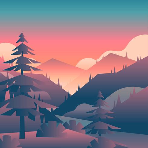 Vista en primera persona del paisaje del atardecer de montaña vector