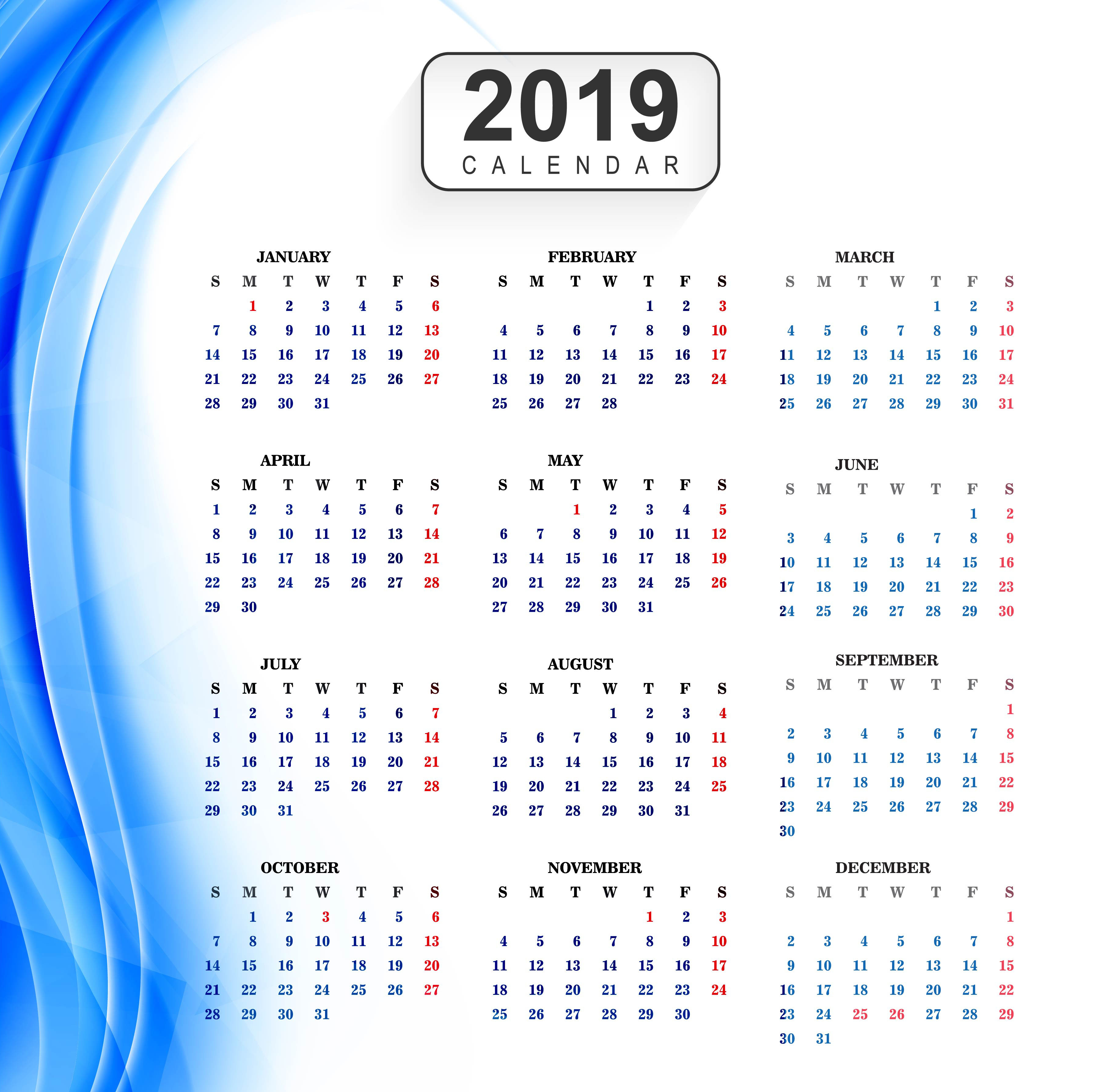 Calendar 2019 Template with wave background 252125 Vector Art at Vecteezy
