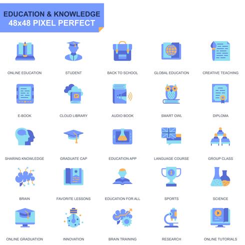 Conjunto simple de iconos planos de educación y conocimiento para sitios web y aplicaciones móviles vector