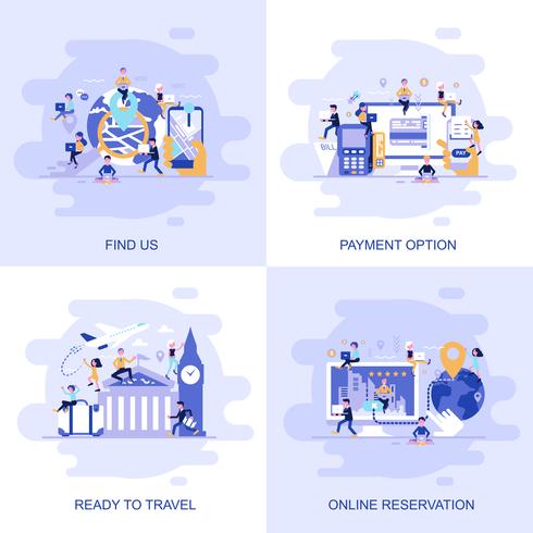 Banner de web de concepto plano moderno de Find us, Reservación en línea, Opción de pago y Listo para viajar con el carácter de personas pequeñas decoradas. vector