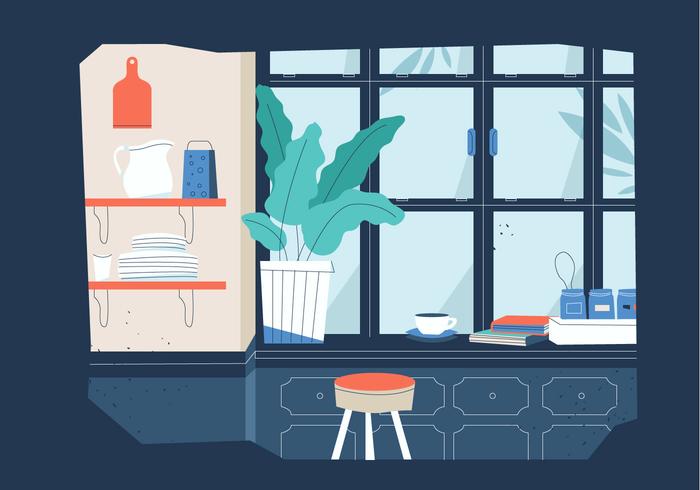 Kitchen Window View Silhouette In Winter Vector Flat illustration