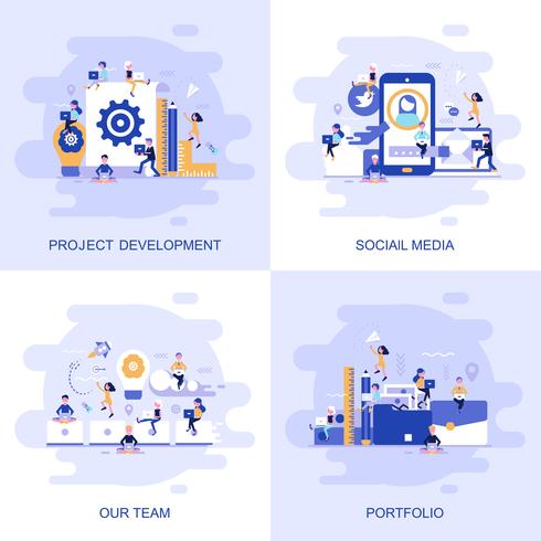 Banner de web de concepto plano moderno de Social Media, nuestro equipo, cartera y desarrollo de proyectos con carácter de personas pequeñas decoradas. vector