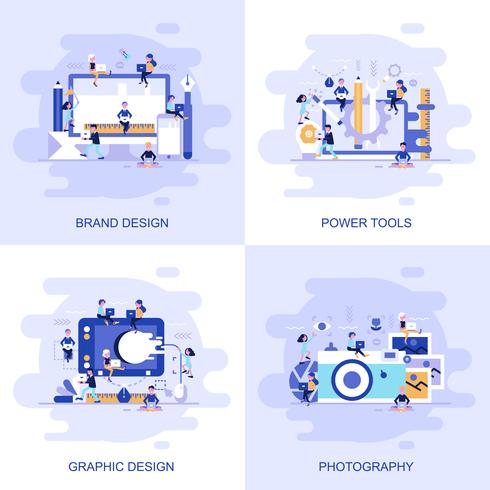 Banner de web de concepto plano moderno de fotografía, diseño gráfico, herramientas eléctricas y diseño de marca con carácter de personas pequeñas decoradas. vector