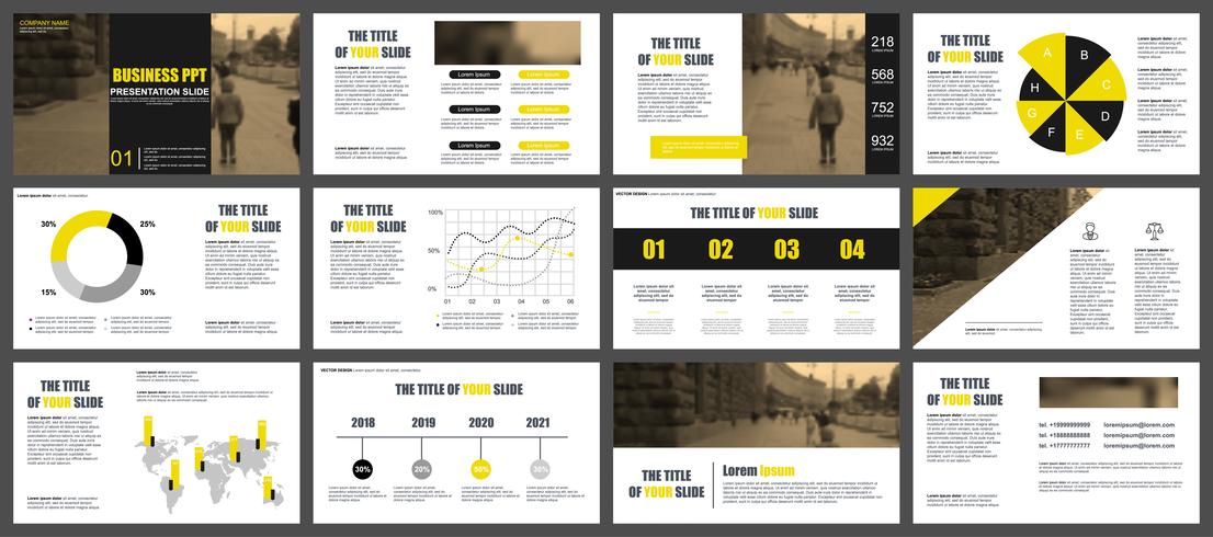 Presentación de negocios amarillo y negro desliza plantillas de elementos infográficos. vector