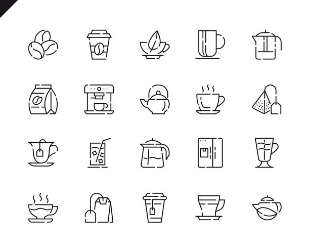 Sencillo conjunto de iconos de línea de té y café para sitio web y aplicaciones móviles. vector