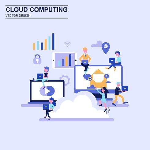 Cloud computing concepto de diseño plano estilo azul con carácter de personas pequeñas decoradas. vector