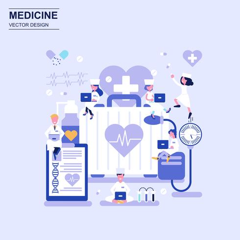 Medicina y cuidado de la salud concepto de diseño plano estilo azul con carácter de personas pequeñas decoradas. vector