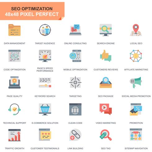 Simple Set Seo y iconos planos de desarrollo para aplicaciones web y móviles vector