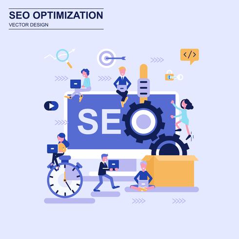 Concepto de diseño plano de optimización SEO de estilo azul con carácter de personas pequeñas decoradas. vector