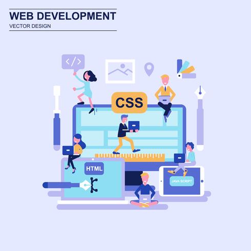 Desarrollo web concepto de diseño plano estilo azul con carácter de personas pequeñas decoradas. vector