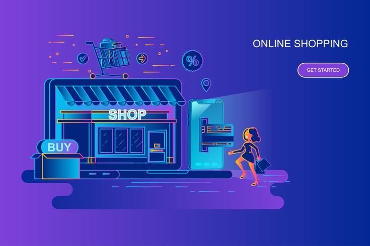 Modern gradient flat line concept web banner of online shopping vector