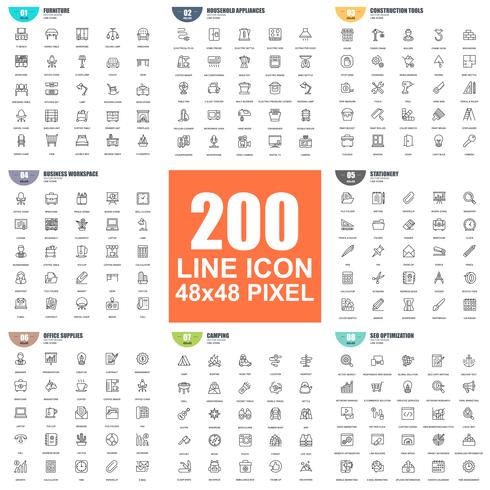 Simple conjunto de iconos de vector de línea delgada. Pack de pictogramas lineales. 48x48 Pixel Perfect.