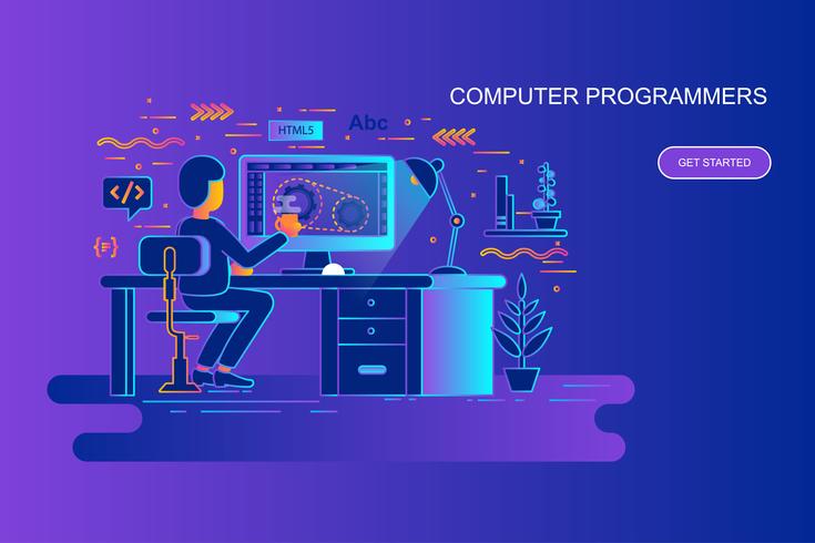 Concepto de línea plana degradado moderno banner de programadores informáticos con carácter de personas pequeñas decoradas. Plantilla de página de aterrizaje. vector