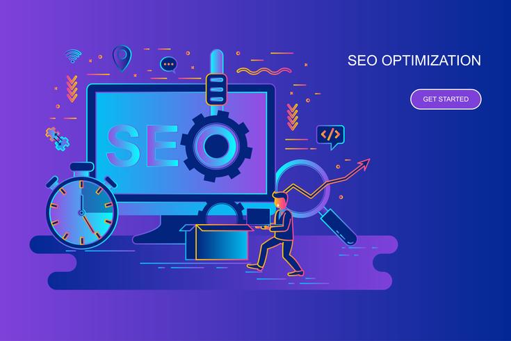 Concepto de línea plana degradado moderno banner de optimización seo con carácter de personas pequeñas decoradas. Plantilla de página de aterrizaje. vector