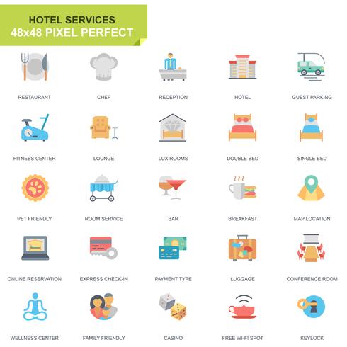 Simple Set Hotel Services Flat Icons para sitio web y aplicaciones móviles vector