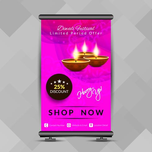 Resumen feliz Diwali roll up banner plantilla de diseño vector