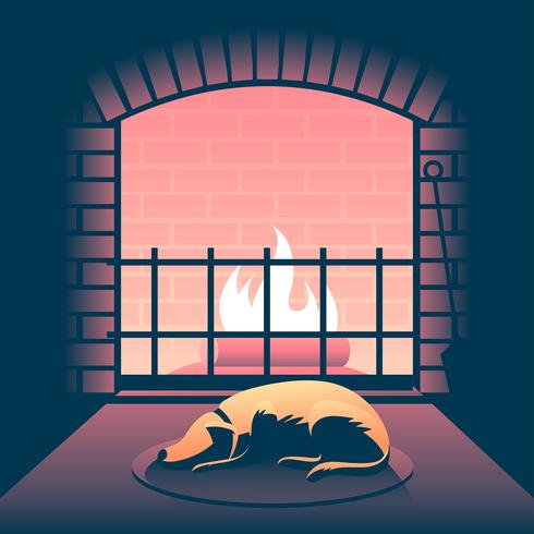 Dog In Front Of The Fireplace vector