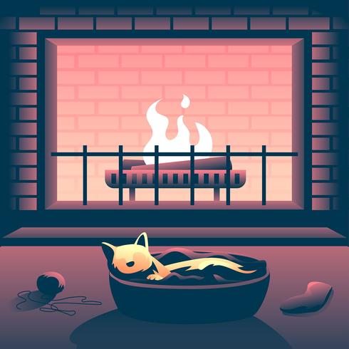 Cat In Front Of The Fireplace vector