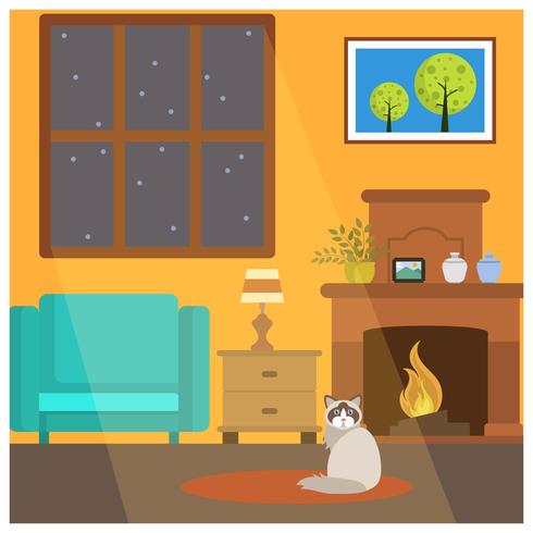 Flat Cute Cat Sit Down in Front of Fireside Vector Illustration