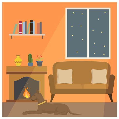 Flat Dog Sit Down in Front of Fireside Vector Illustration