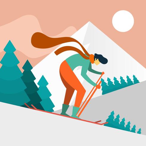 Flat Man Skier in Action Vector Illustration