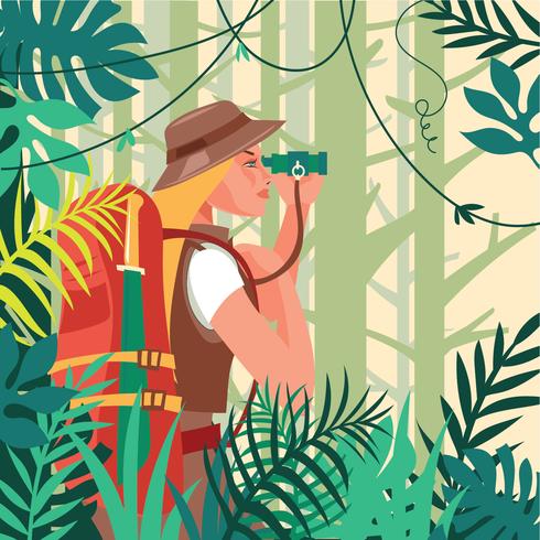 Woman Walking in the Jungle Holding Knife and Binoculars vector