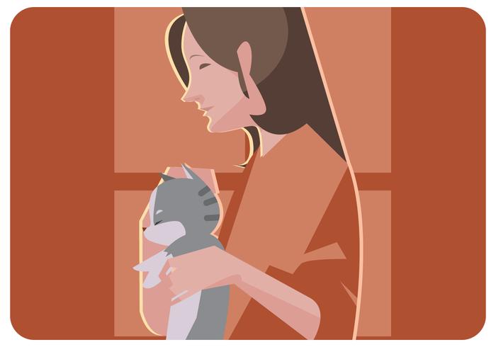 Asian Girl And Her Cat Vector