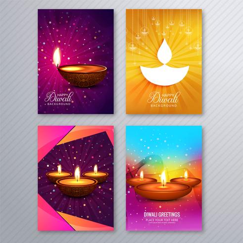 Elegante tarjeta de felicitación diwali folleto plantilla fondo establecido vector