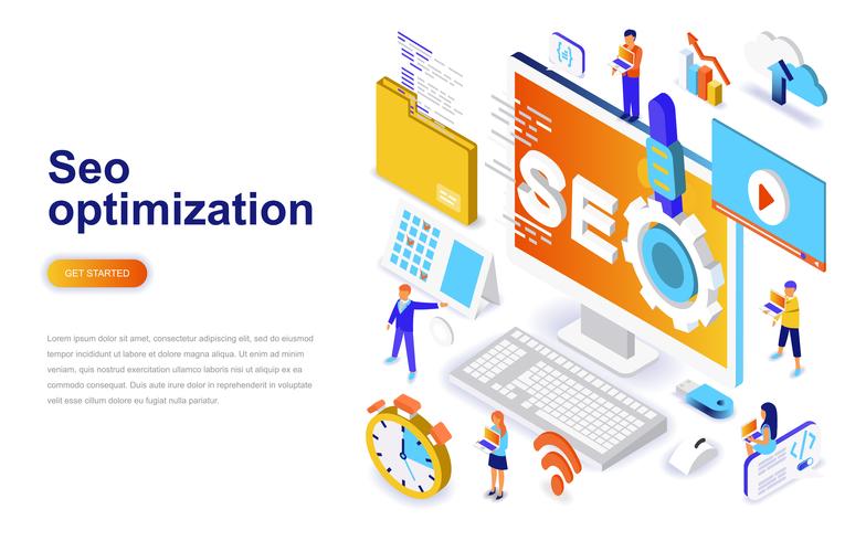 Concepto isométrico moderno diseño plano de optimización SEO. Motor de búsqueda y concepto de personas. Plantilla de página de aterrizaje. vector